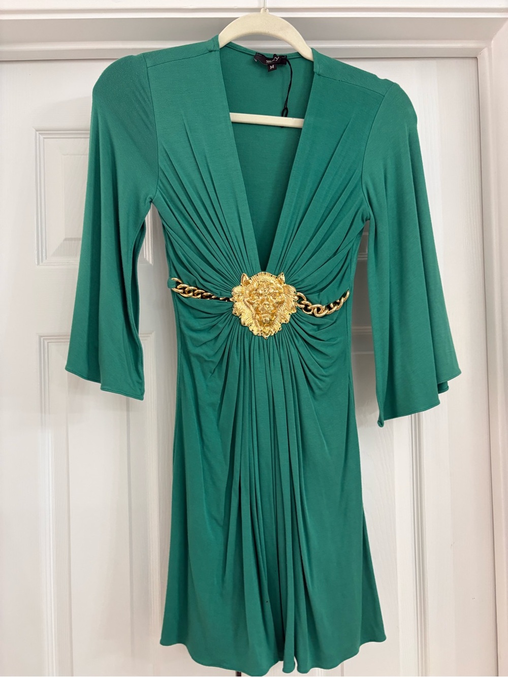 Sky Green V-Neck Long Sleeve Dress with Gold Medallion Chain